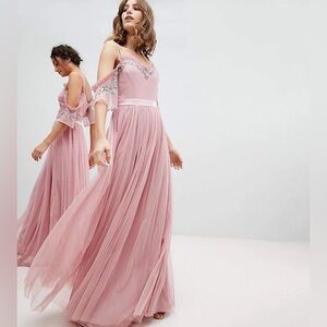 MAYA DELUXE 👰🏻‍♀️ Pink Cold Shoulder Formal Dress Gown Silver Beading Bridesmaid